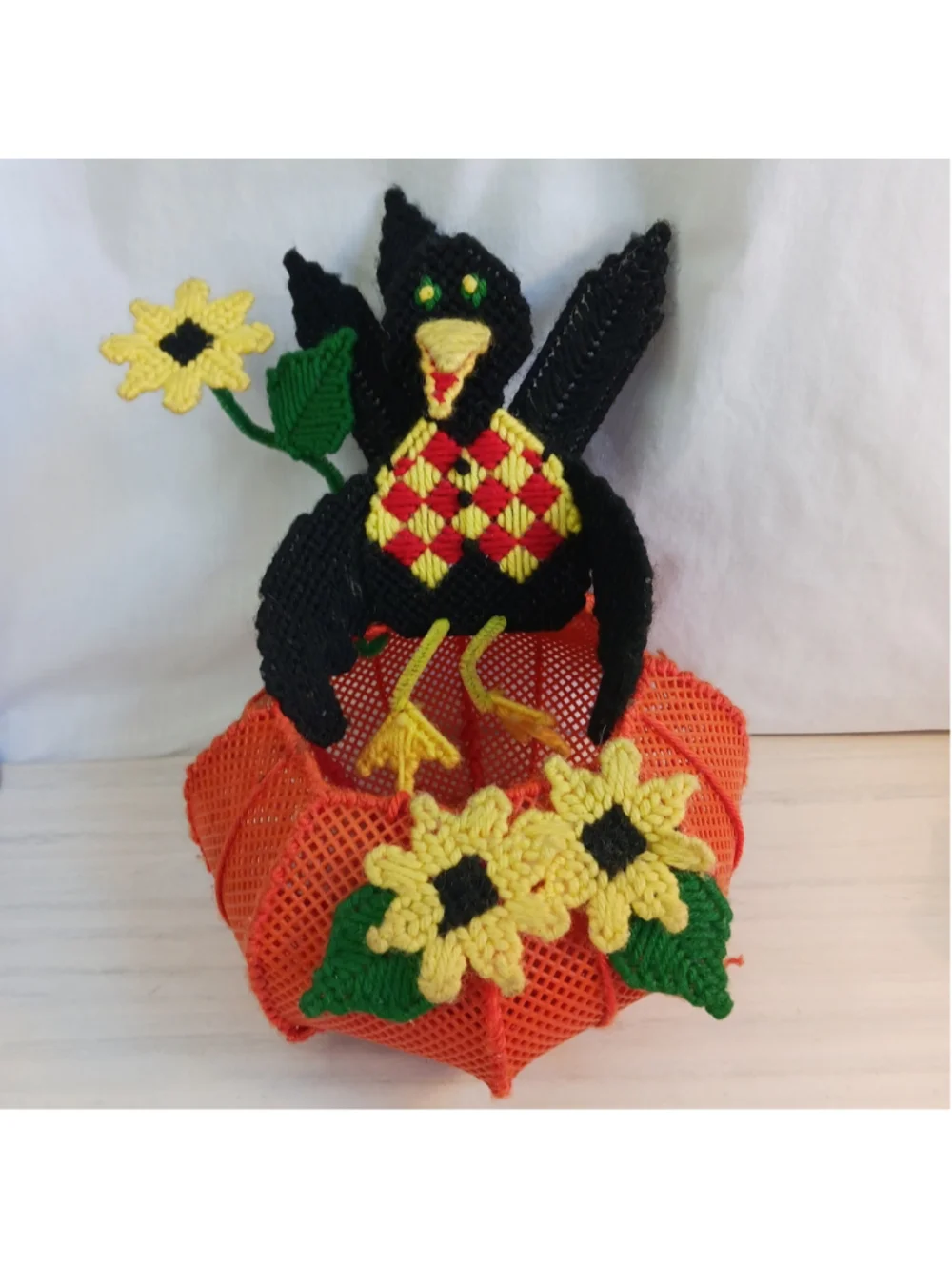Vintage Halloween Craft Basket Crow On Pumpkin With Sunflowers Handicraft